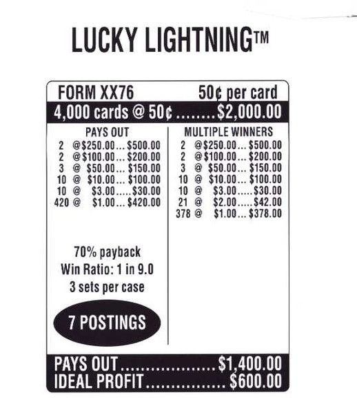 Lucky Lightning 3W $0.50 2@$250 $1B 30% 4000