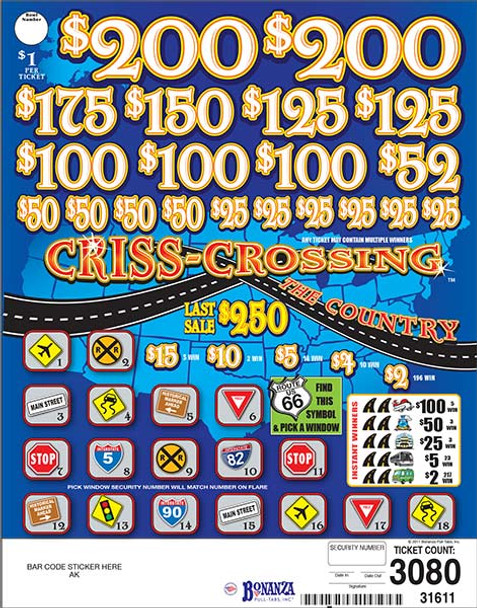 Criss Crossing the Country PK 3W $1 11@$100 (2@$200) $2B 19% 3080 LS