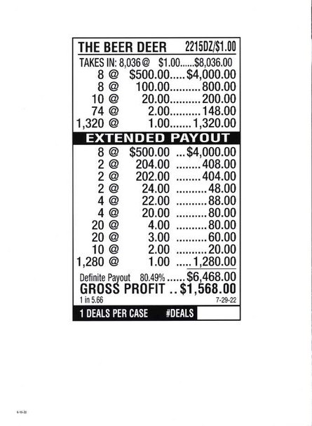 The Beer Deer 3W $1 8@$500 $1B 19% 8036