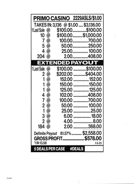 Primo Casino 3W $1 17@$100 (2@$202) $2B 18% 3136 LS