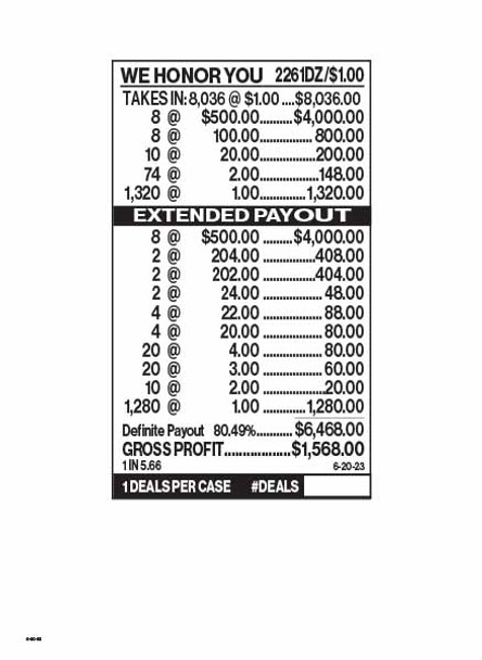 We Honor You 3W $1 8@$500 $1B 19% 8036