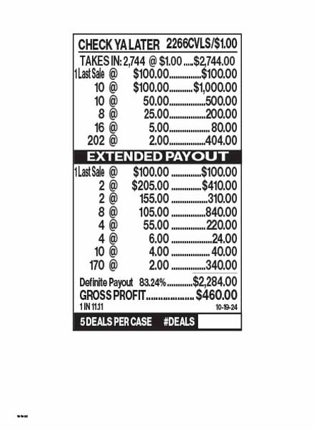 Check Ya Later 3W $1 10@$100 (2@$205) $2B 16% 2744 LS