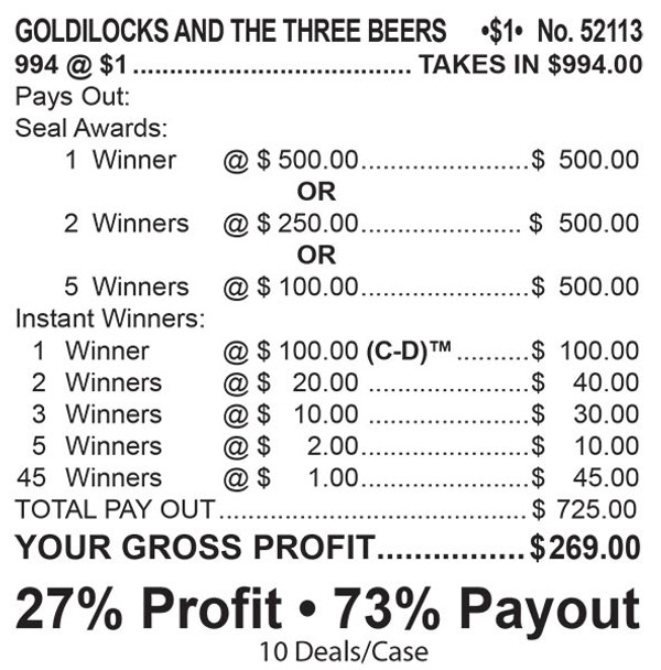 Goldilocks and the Three Beers Seal 5W $1 1@$500 $1B 27% 994