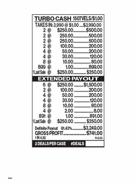 Turbo Cash 5W $1 6@$250 $1B 18% 3990 LS