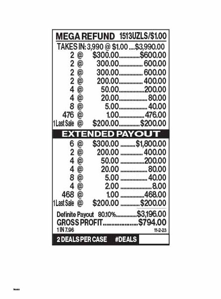 Mega Refund 5W $1 6@$300 $1B 19% 3990 LS
