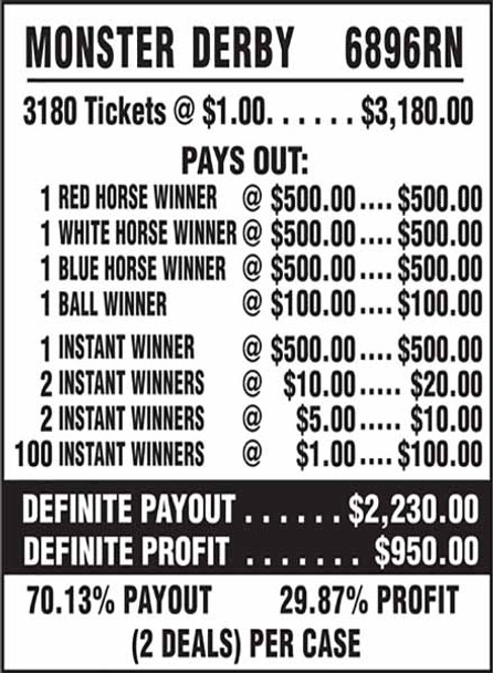Monster Derby 5W $1 3@$500 $1B 30% 3180