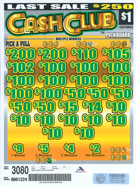 Cash Club PK 3W $1 16@$100 (2@$200) $2B 17% 3080 LS