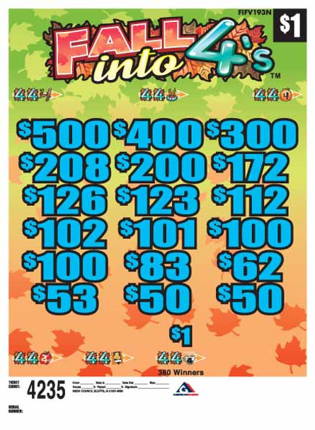 Fall Into 4's 3W $1 12@100 (5,4,3,2,1) $1B 24% 4235