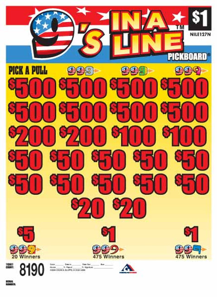 9's In a Line PK 3W $1 8@$500 $1B 24% 8190