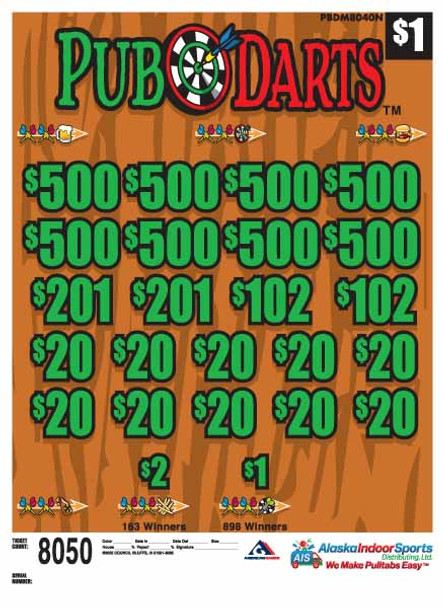Pub Darts 3W $1 8@$500 $1B 25% 8050