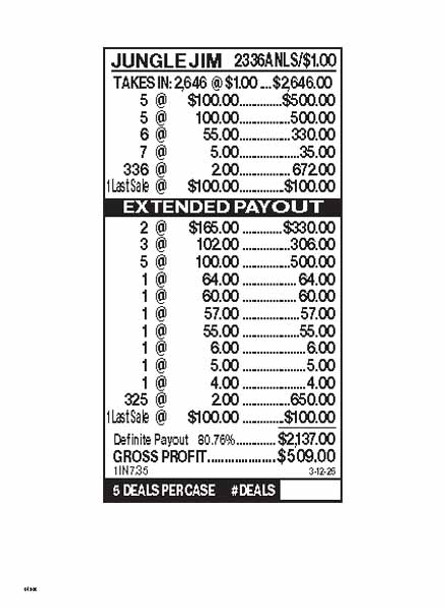 Jungle Jim 3W $1 10@$100 (2@$165) $2B 19% 2646 LS