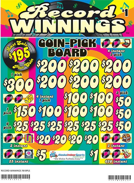 Record Winnings Coin-Pick Board 3W $1 6@$200 $1B 28% 4800 LS