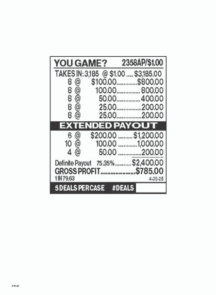 You Game? Joe Ticket 3W $1 16@100 (6@$200) $25B 25% 3185