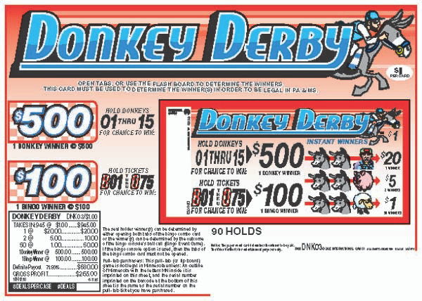Donkey Derby Verifier 5W $1 1@$500 $1B 28% 945
