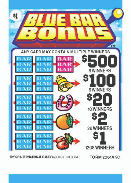 Blue Bar Bonus 3W $1 8@$500 $1B 25% 8036