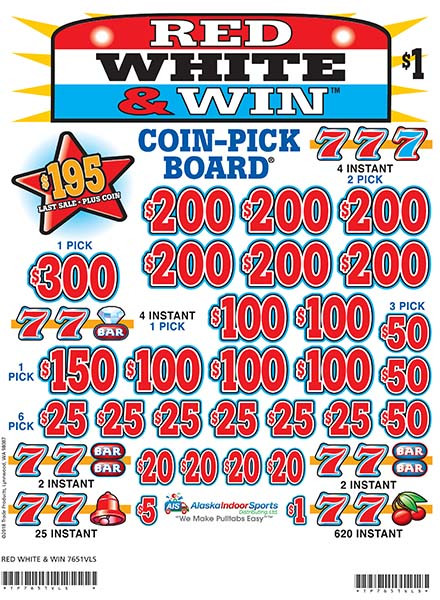 Red White and Win Coin-Pick Board 3W $1 6@$200 $1B 28% 4800 LS