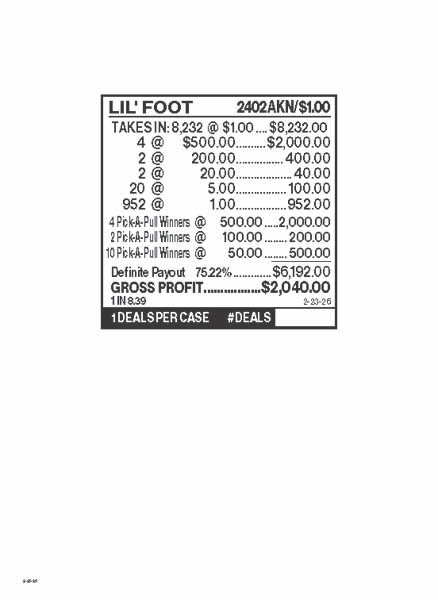 Lil' Foot PK 3W $1 8@$500 $1B 25% 8232