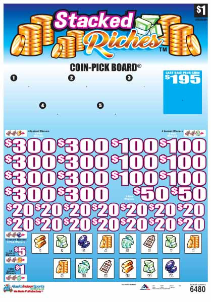 Stacked Riches Coin-Pick Board 5W $1 8@$300 $1B 25% 6480 LS