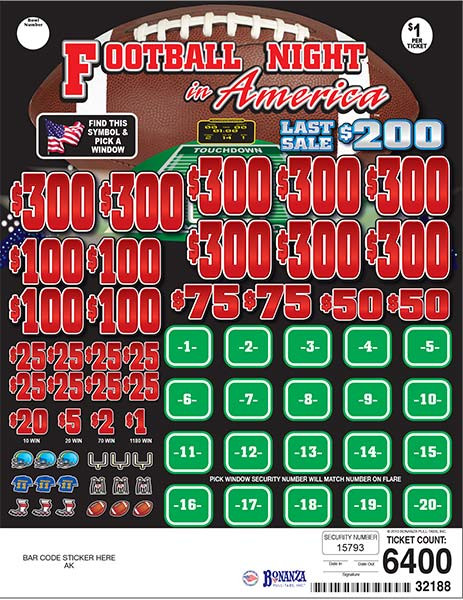 Football Night in America PK 3W $1 8@$300 $1B 21% 6400 LS