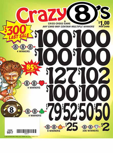 Crazy 8's 3W $1 8@$100 (1@$127) $2B 15% 2646 LS - Alaska Pulltabs