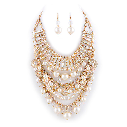 Pearl Multi Jewel Ball Bib Necklace Set