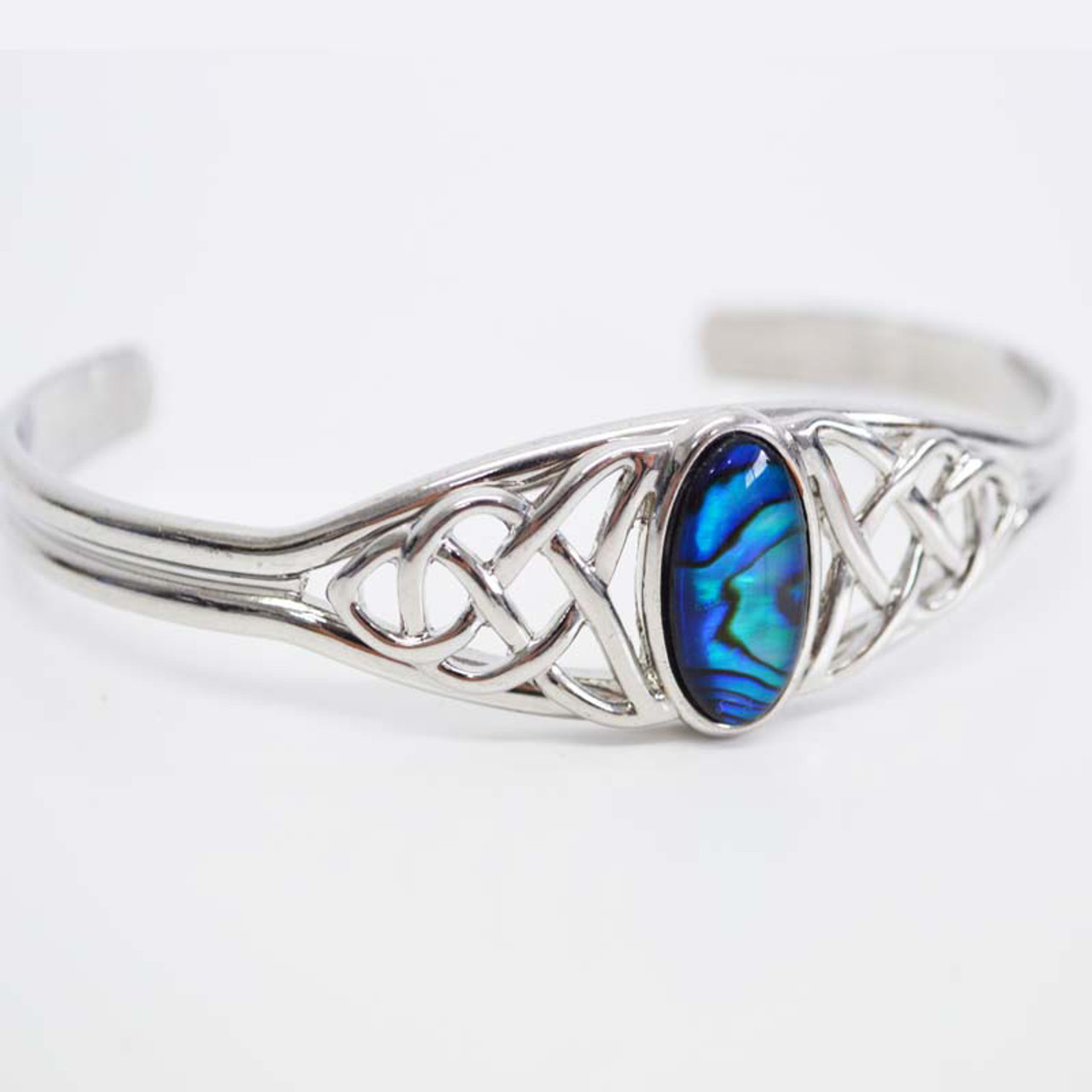 Paua Bangle Silver Celtic with oval shaped inlaid paua shell.