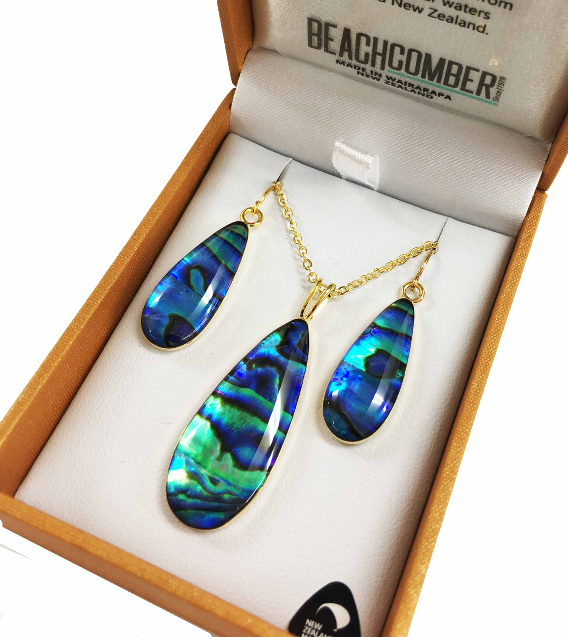 Paua Pendant and Earrings Set Gold Plated Boxed