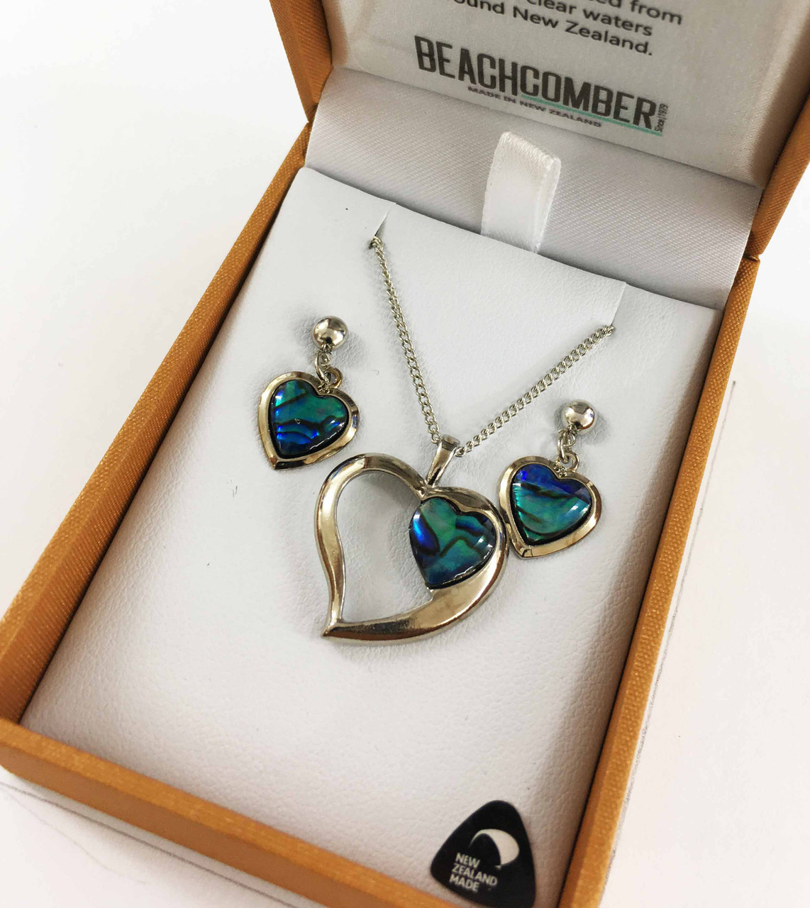 Paua Heart Shaped Set Silvertone Boxed