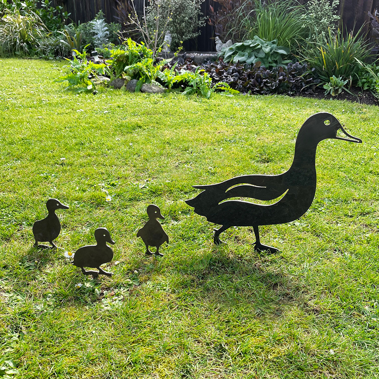 Mother Duck Corten Steel Garden Art with Ducklings Scene