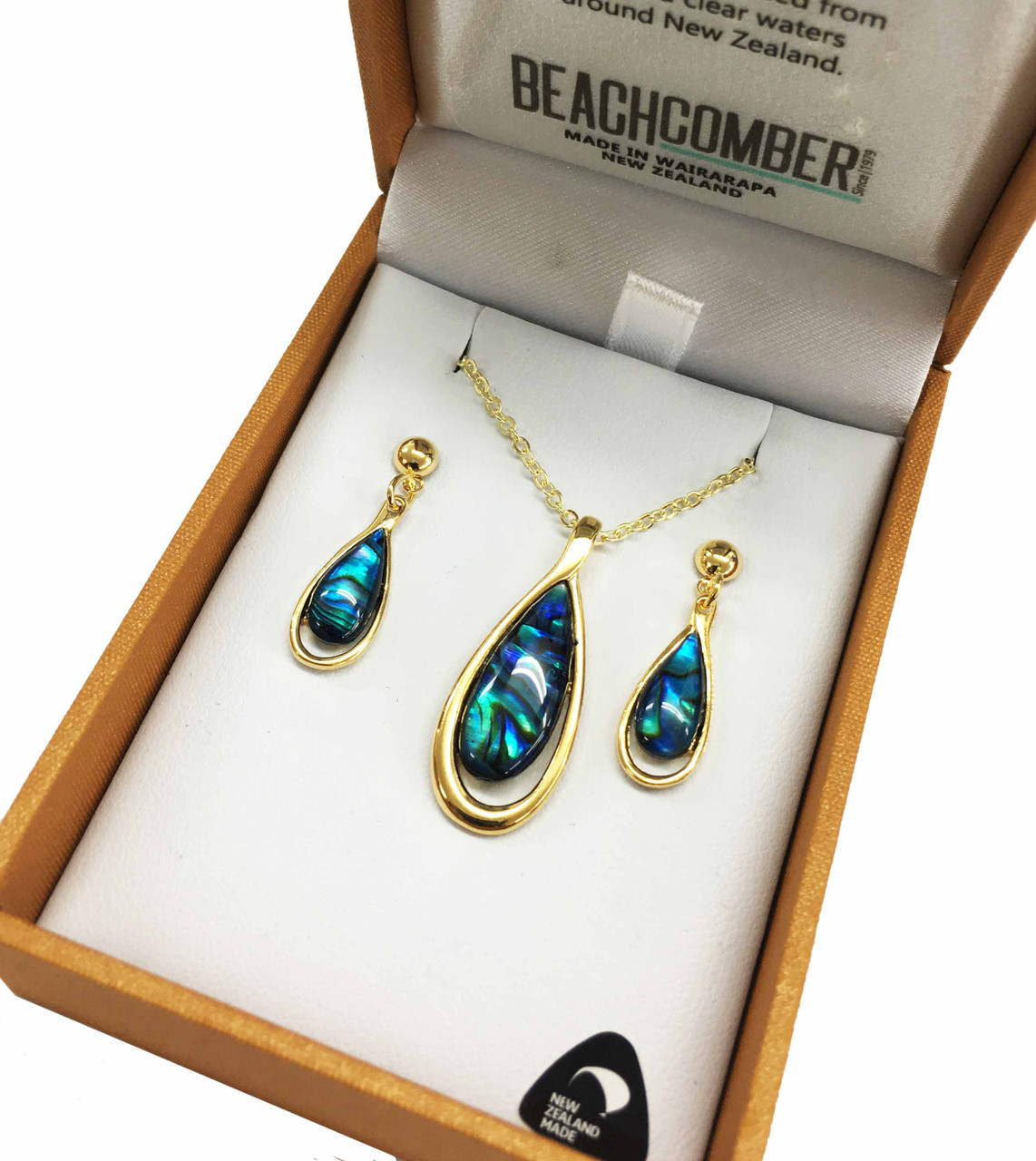 BBJ1137s  Paua  Pendant and Earrings Set Gold Boxed