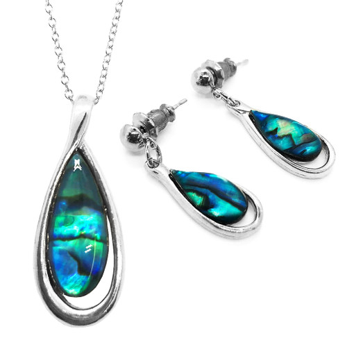 Paua Pendant and Earrings Set Silvertone