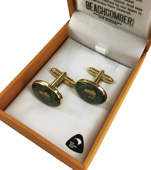 NZ Pounamu Oval Kiwi Cufflinks Gold Plated Boxed
