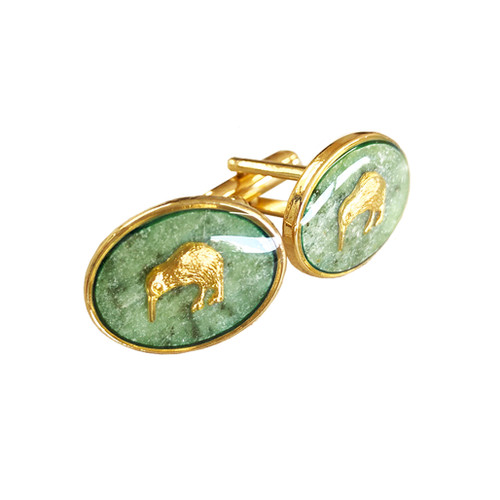 NZ Pounamu Oval Kiwi Cufflinks Gold Plated