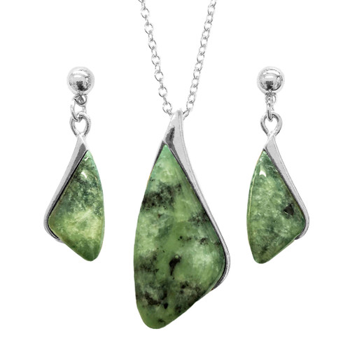 NZ Pounamu Silvertone Earrings and Pendant Set