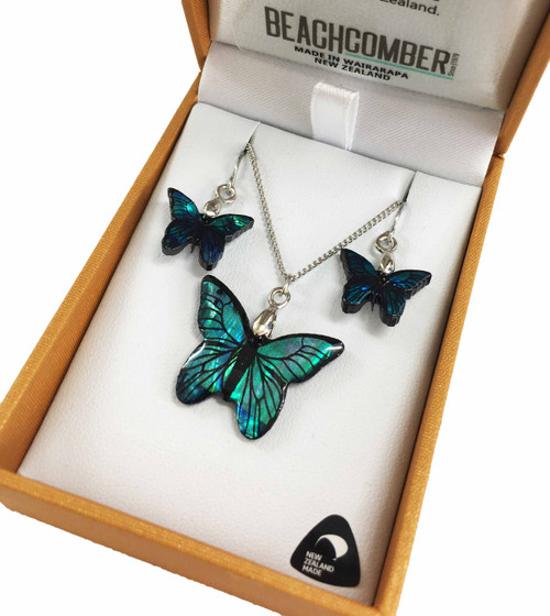 Paua Butterfly Pendant & Earrings Boxed