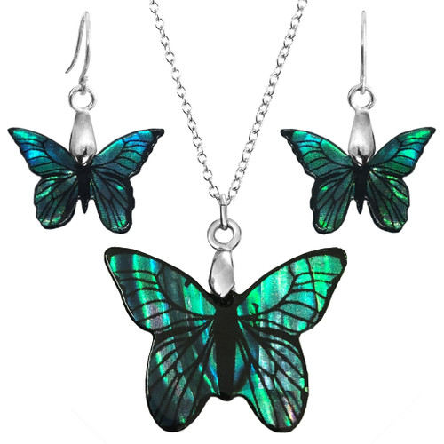 Paua Butterfly Pendant & Earrings