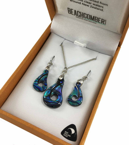 Paua Fishhook Pendant & Earrings Set Boxed