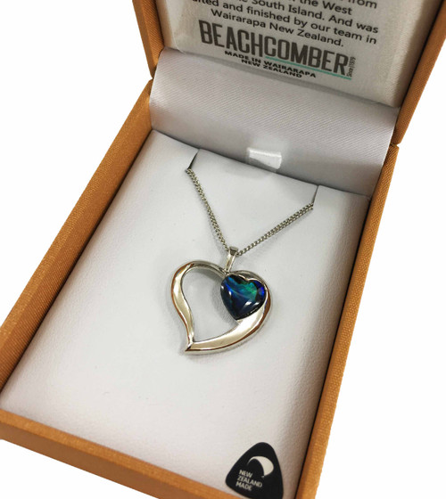 Paua Heart Pendant Silvertone Boxed