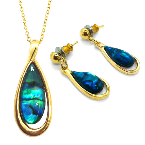 BBJ1137s  Paua  Pendant and Earrings Set Gold Boxed