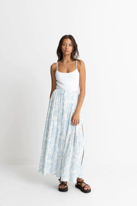 GRACE FLORAL TIERED MAXI SKIRT WHITE/BLUE