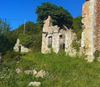 IMAGE OF old stone home, walls broken down, greenery growing all about, Greece