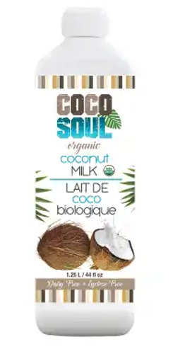 An image of the front of Coco Soul's Organic Coconut milk. Lait De Coco Biologique. 1.25L/44 fl oz An image of the front of Coco Soul's Organic Coconut milk. Lait De Coco Biologique. 1.25L/44 fl oz