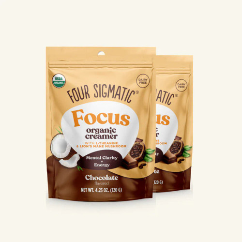 Four sigmatic FOCUS chocolate-coconut creamer package. 