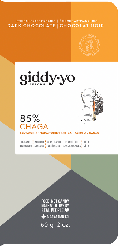 Giddy Yo 85% Chaga Dark Chocolate Bar Certified Organic vegan 60g 