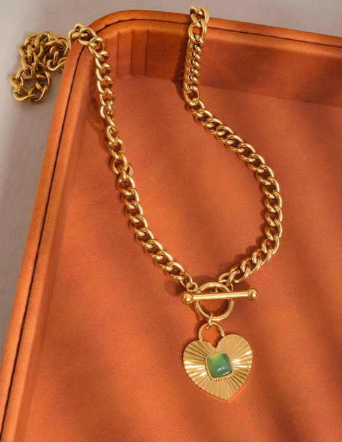 Apres 18K Gold Non-Tarnish Green Heart Chain Necklace