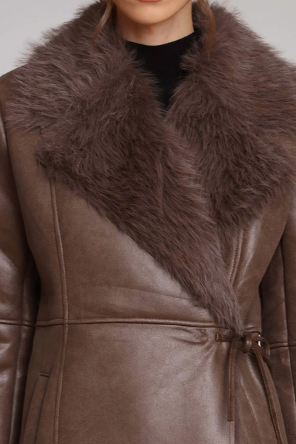 Faux Shearling Midi Wrap Coat