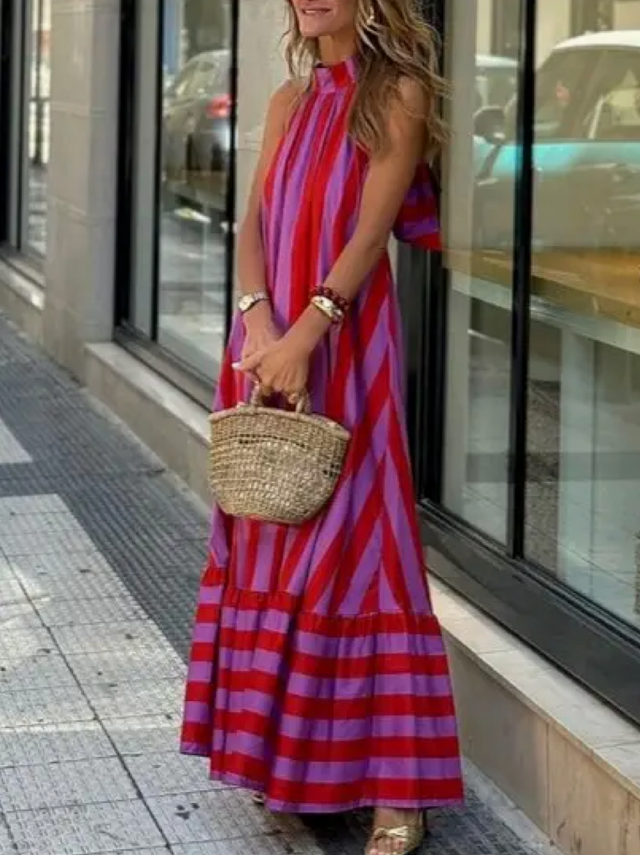 Halterneck Backless Striped Print Maxi Dress Halterneck Backless Striped Print Maxi Dress