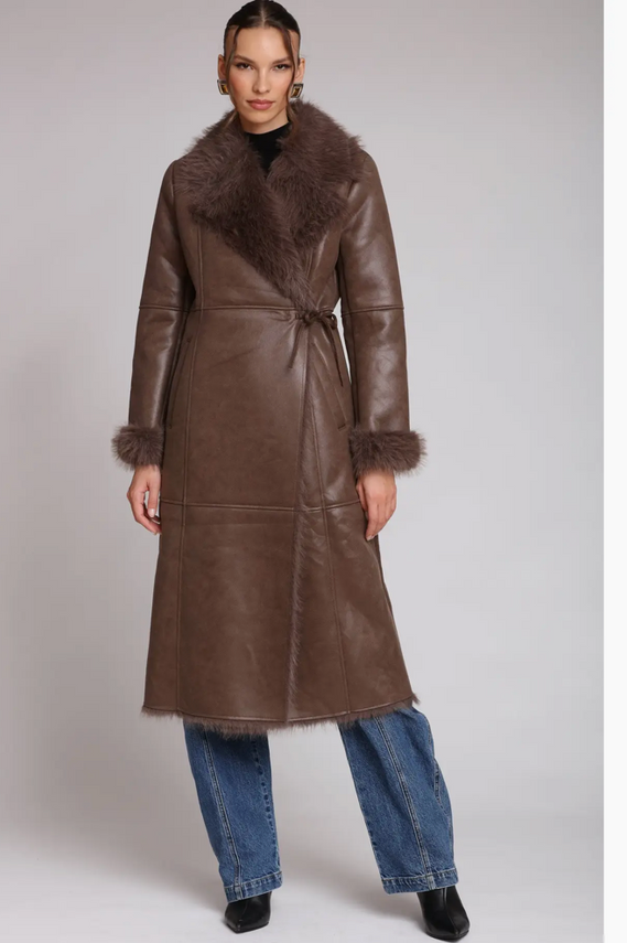 Faux Shearling Midi Wrap Coat