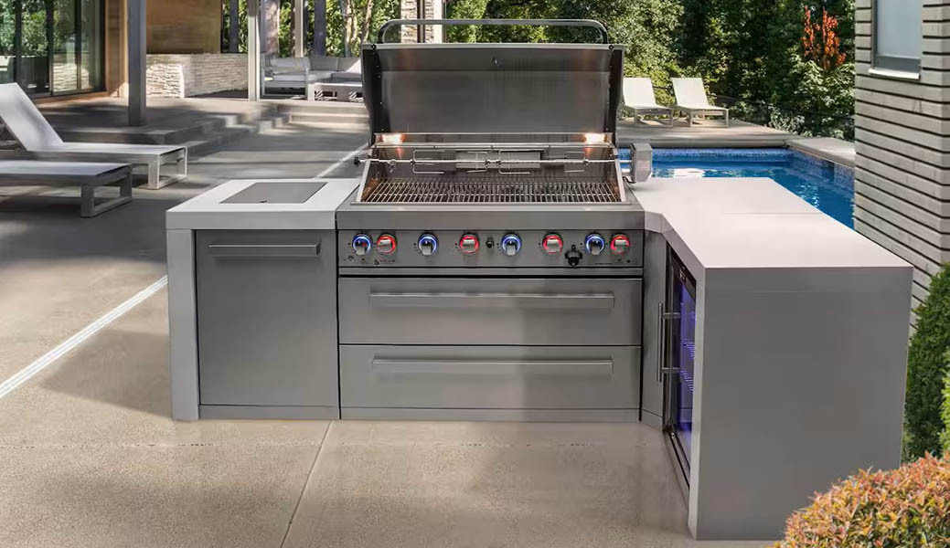 MONT ALPI 6-BURNER DELUXE ISLAND WITH A 90-DEGREE CORNER and REFRIDGERATOR CABINET - MAi805-D90FC