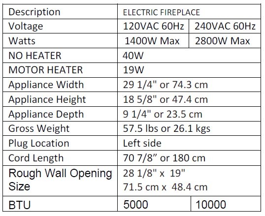 Specs for Amantii 30" RusticStone fireplace